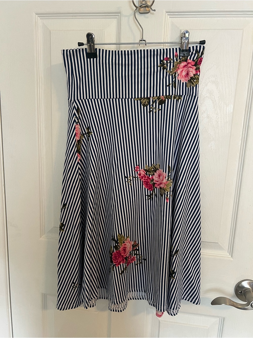 LuLaRoe Navy and White Striped A-Line Skirt with Pink Floral Accents